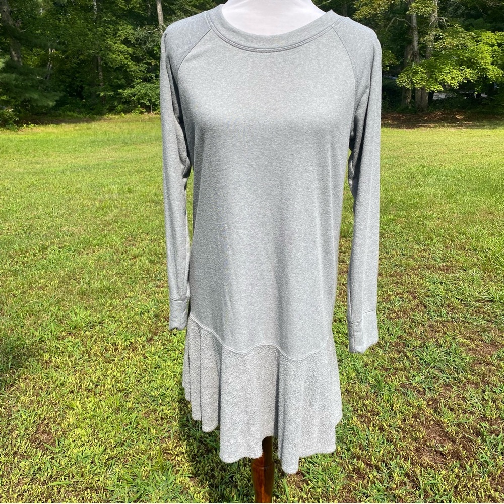 CABI DRESS LONG SLEEVE CREWNECK GRAY JERSEY SWEATSHIRT FABRIC FLOUNCE SIZE S